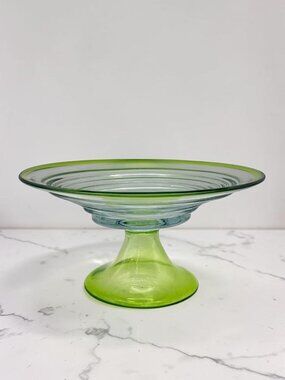 Vintage Hand Blown Clear Chartreuse Green Footed Glass Centerpiece Bowl 13" MCM